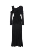 Luysa Elegant Contour One Shoulder Ruched Knit Black Maxi Dress	