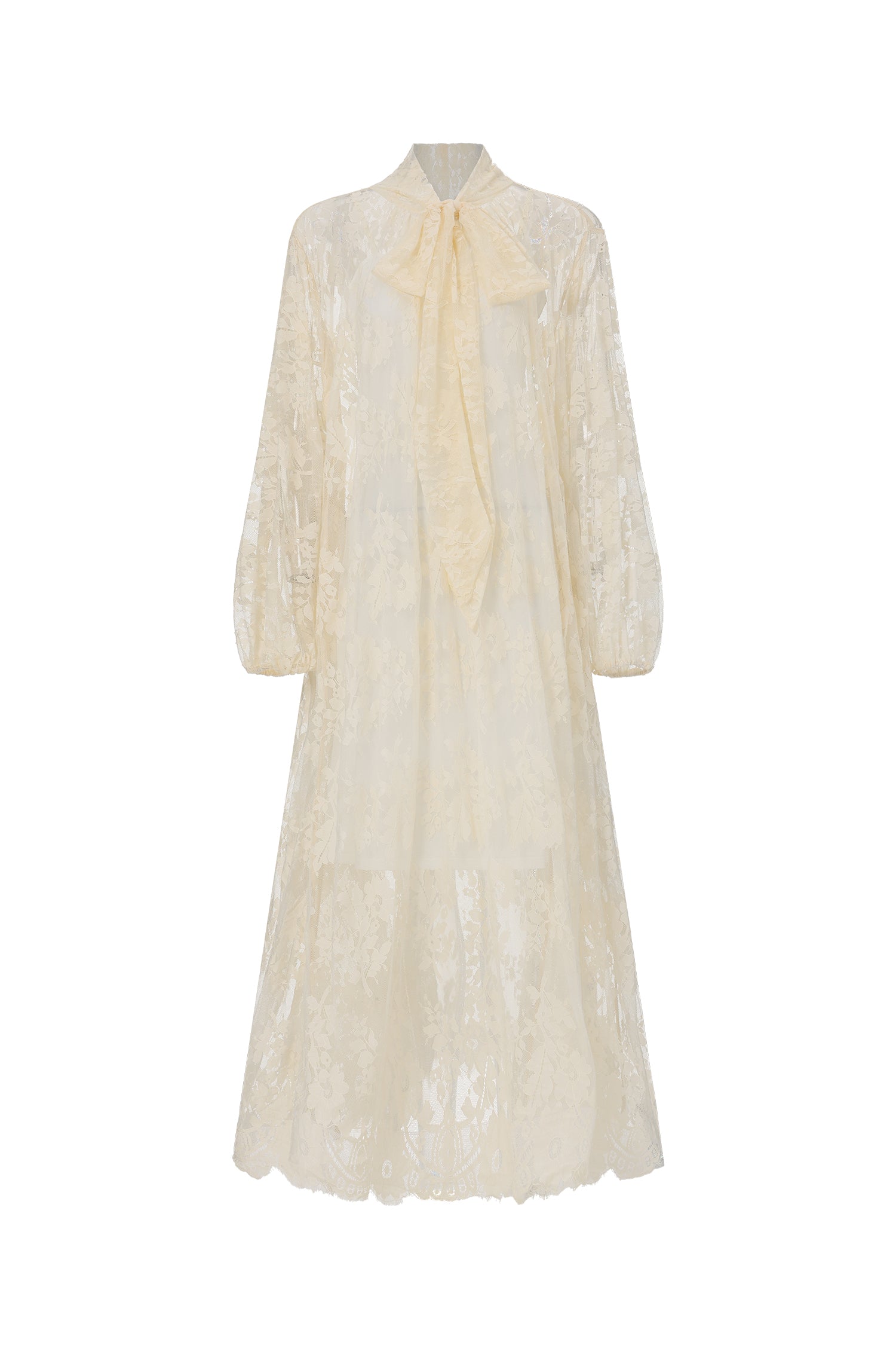 Deliyn Resort Flowy Long Sleeve Embroidered Mesh Lace Yellow Maxi Dress	