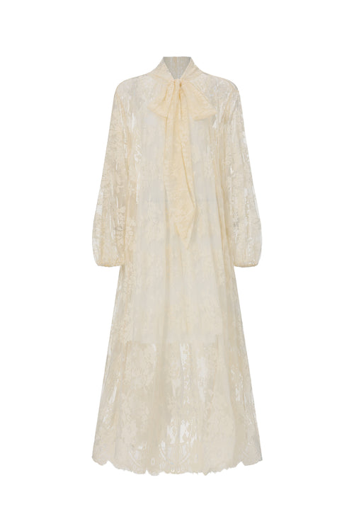 Deliyn Resort Flowy Long Sleeve Embroidered Mesh Lace Yellow Maxi Dress	