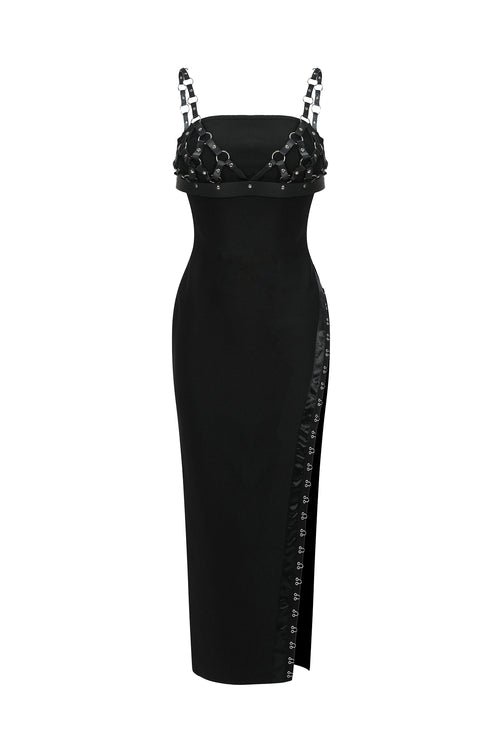 Cherrie Leather Weaved Top & High Slit  Bandage Midi Dress	