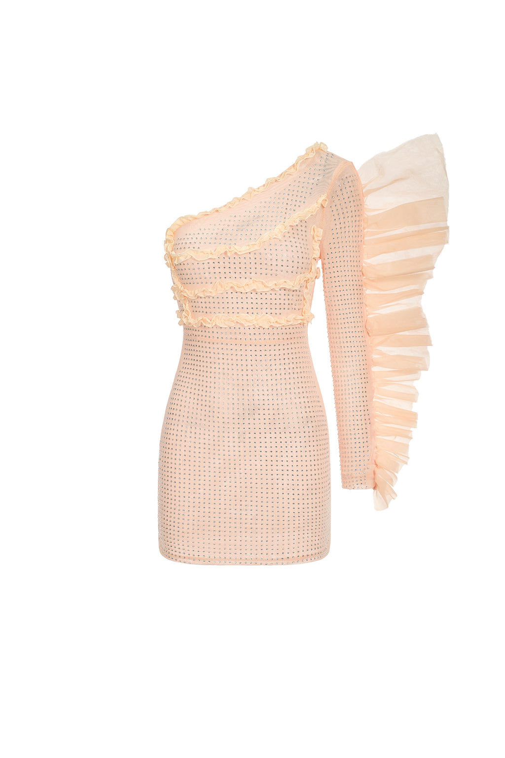 Skyler One Sleeve Diamante Ruffled Mini Dress - Beige	