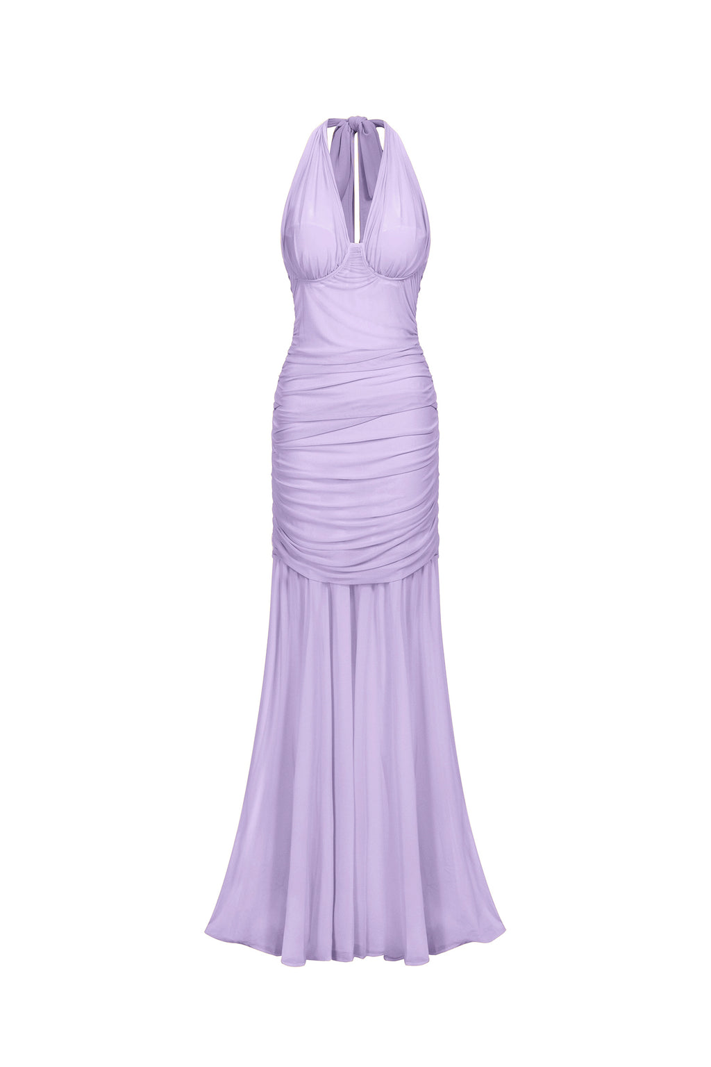 Ulasa Sleeveless Ruched Mesh Purple Maxi Dress	