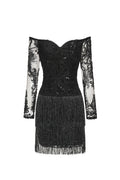 Ludia Lace Sequins Off Shoulder Fringe Mini Dress	
