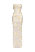 Deliyn Strapless Embroidery Flower Mesh Maxi Dress	