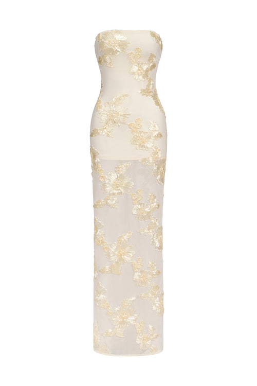 Deliyn Strapless Embroidery Flower Mesh Maxi Dress	