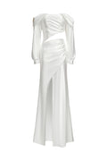 Dotty One Shoulder Long Sleeves Hollow High Slit Satin Maxi Dress	