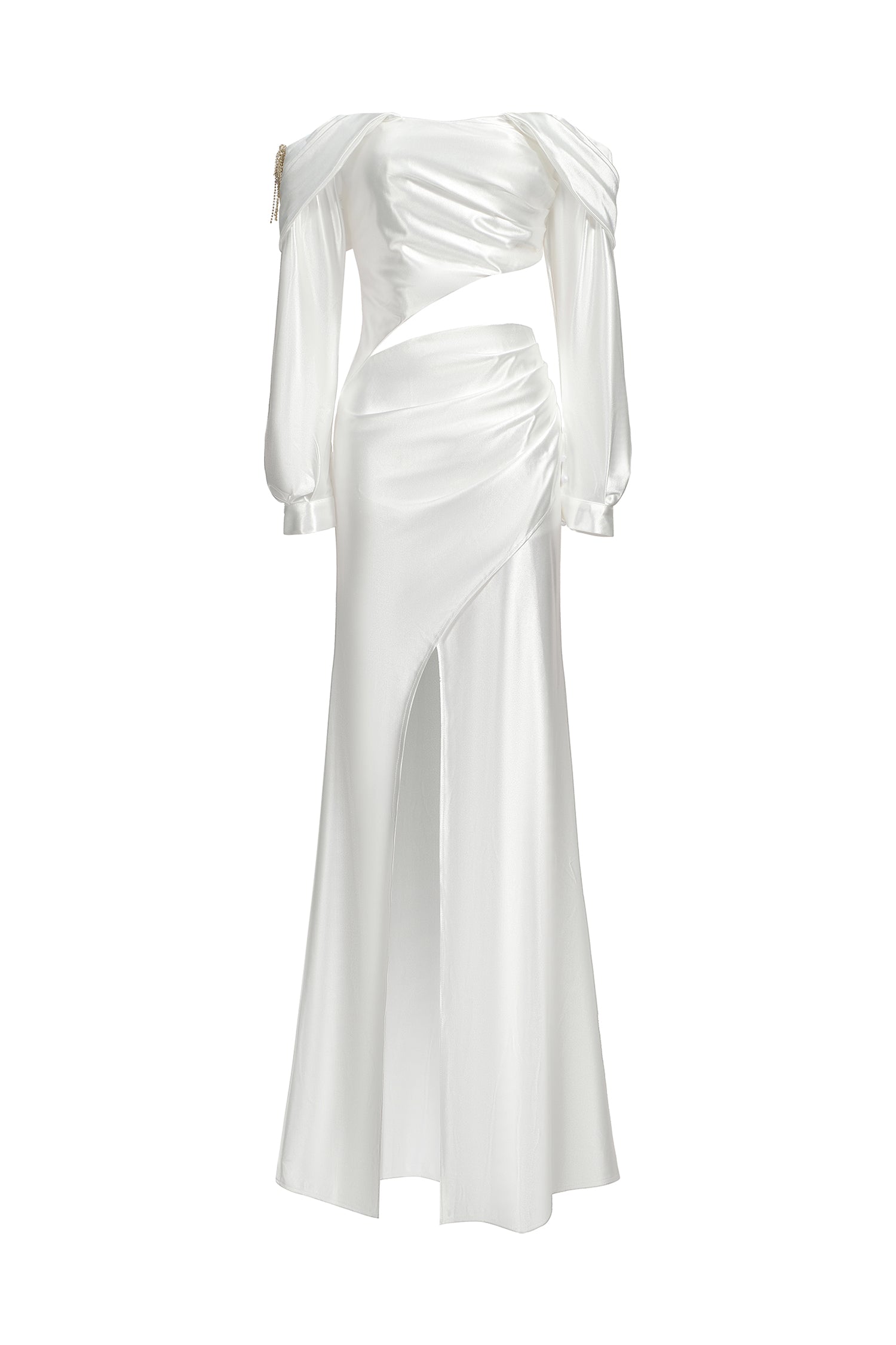 Dotty One Shoulder Long Sleeves Hollow High Slit Satin Maxi Dress	