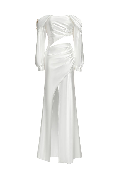 Dotty One Shoulder Long Sleeves Hollow High Slit Satin Maxi Dress	