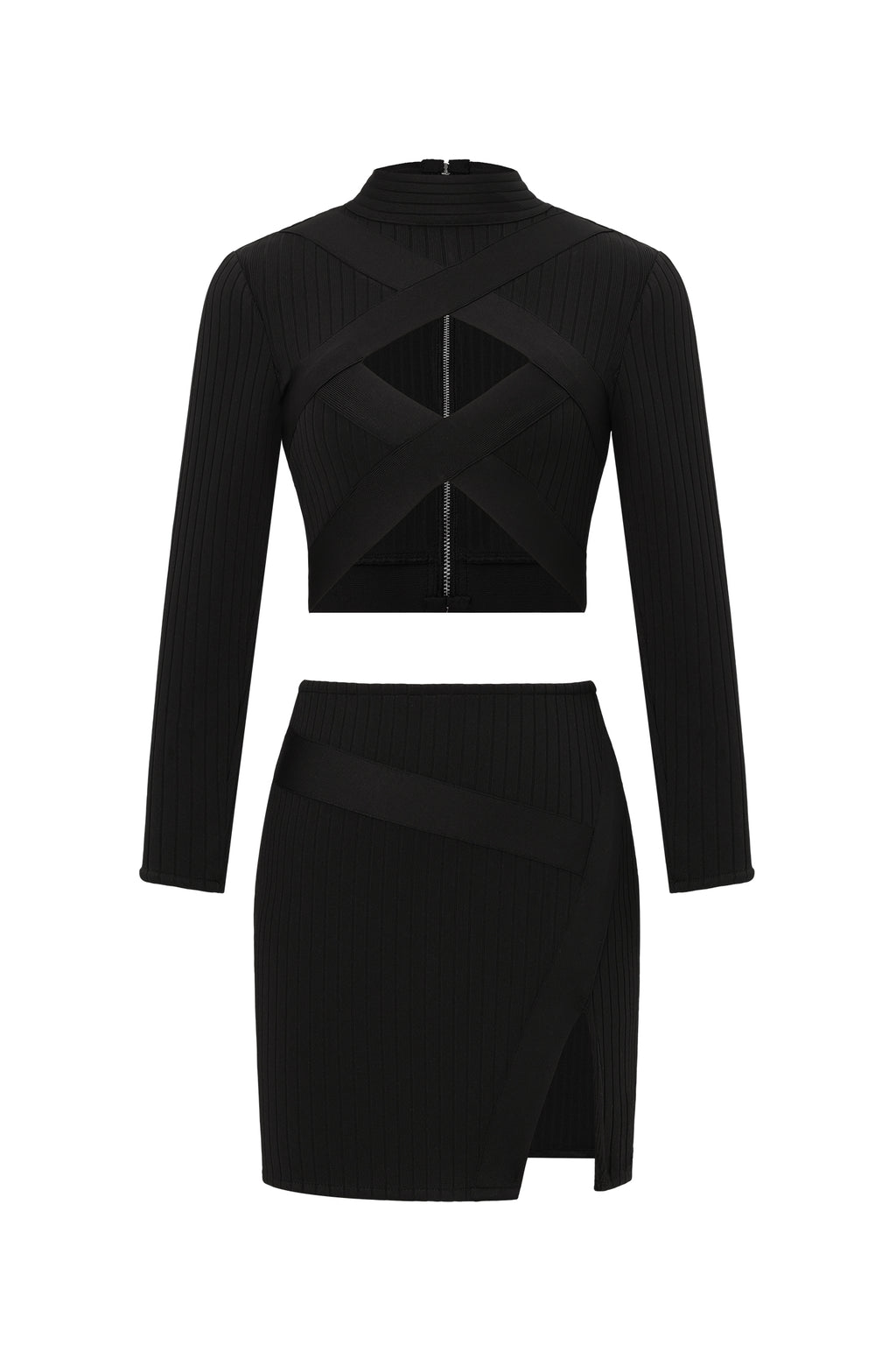 Sinai Long Sleeves Hollow Out Slit  Bandage Mini Two-Piece Set	