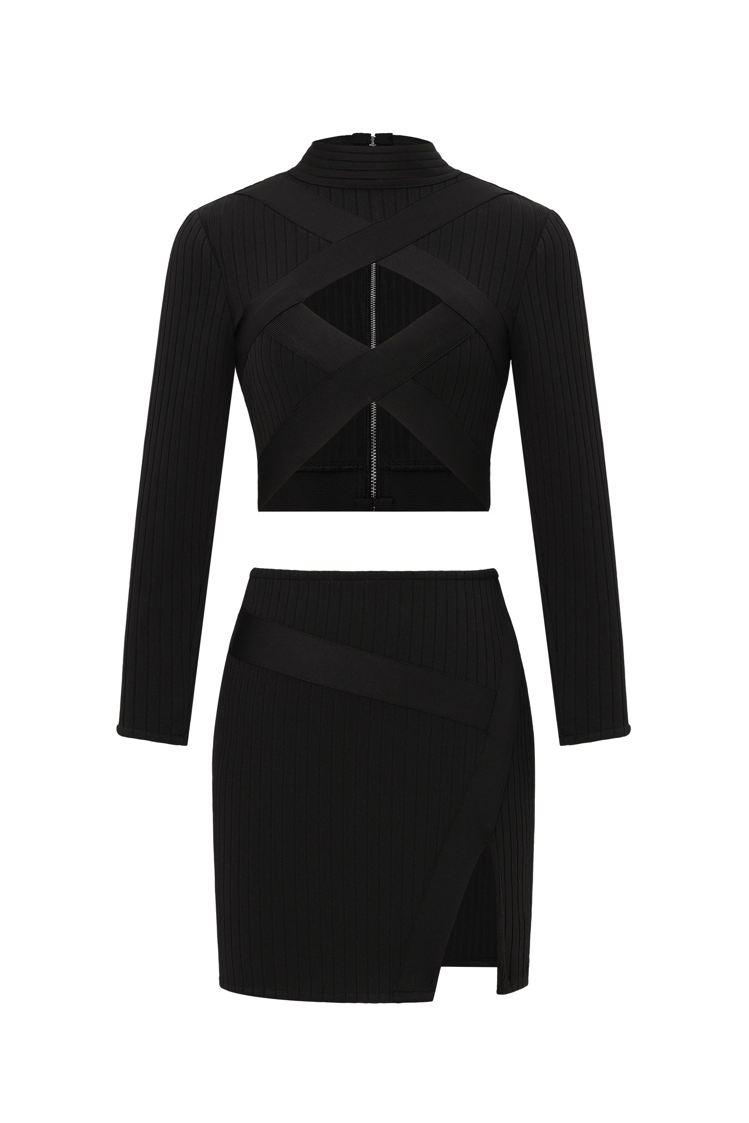Sinai Long Sleeves Hollow Out Slit  Bandage Mini Two-Piece Set	