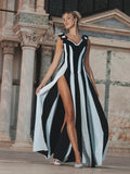 Omega Sleeveless V-Neck Flowers Bandage Maxi Dress	