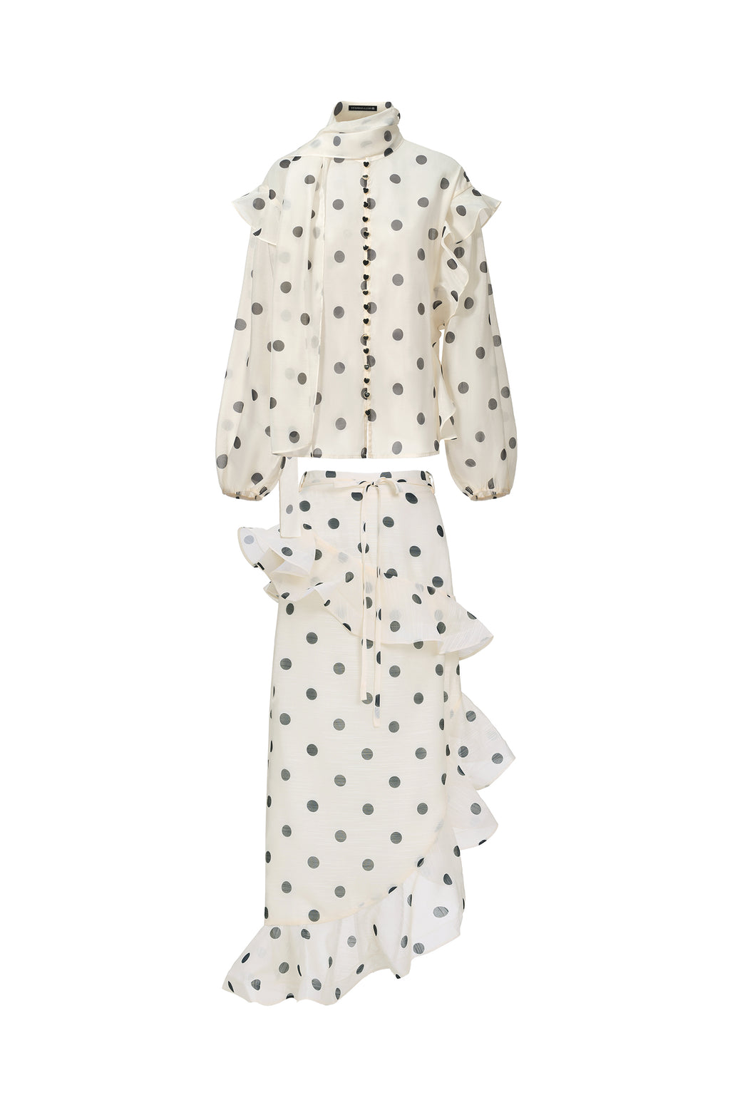 Vleah Streamer Long Sleeves Dot Printed Asymmetric Folds Midi Dress	