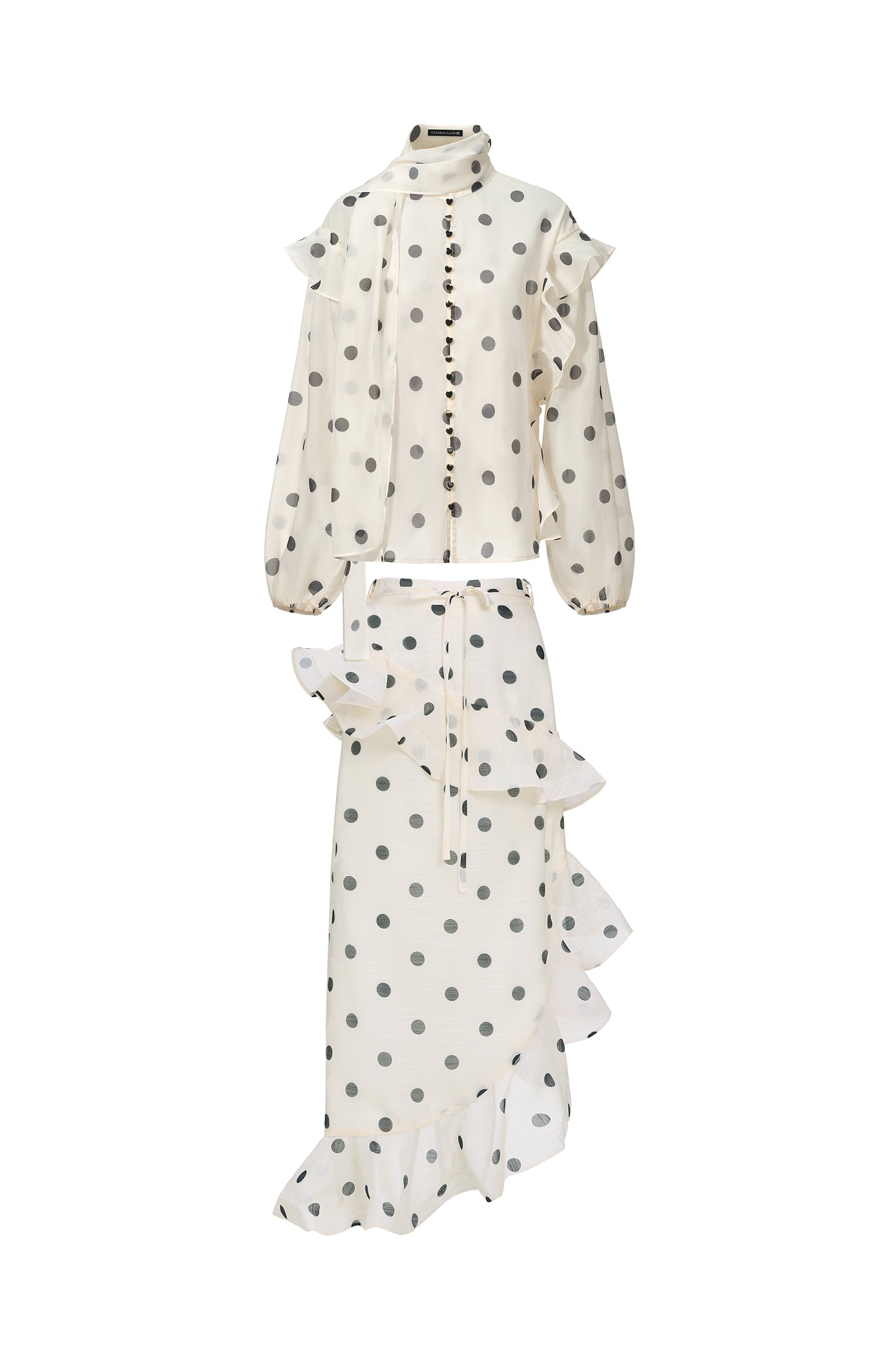 Vleah Streamer Long Sleeves Dot Printed Asymmetric Folds Midi Dress	