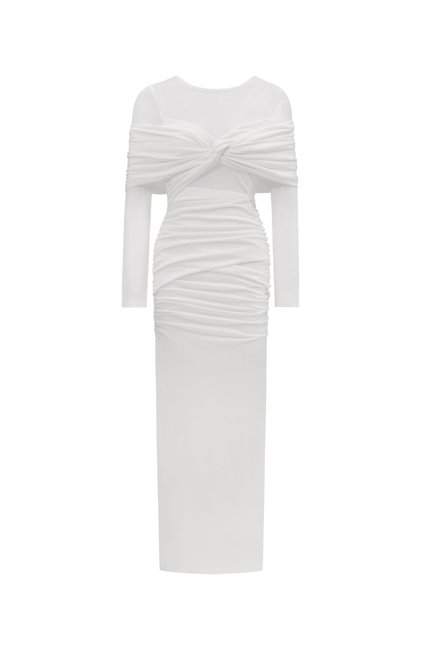 Ingrid Elegant Contour Ruched Mesh Layered Knit Maxi Dress	
