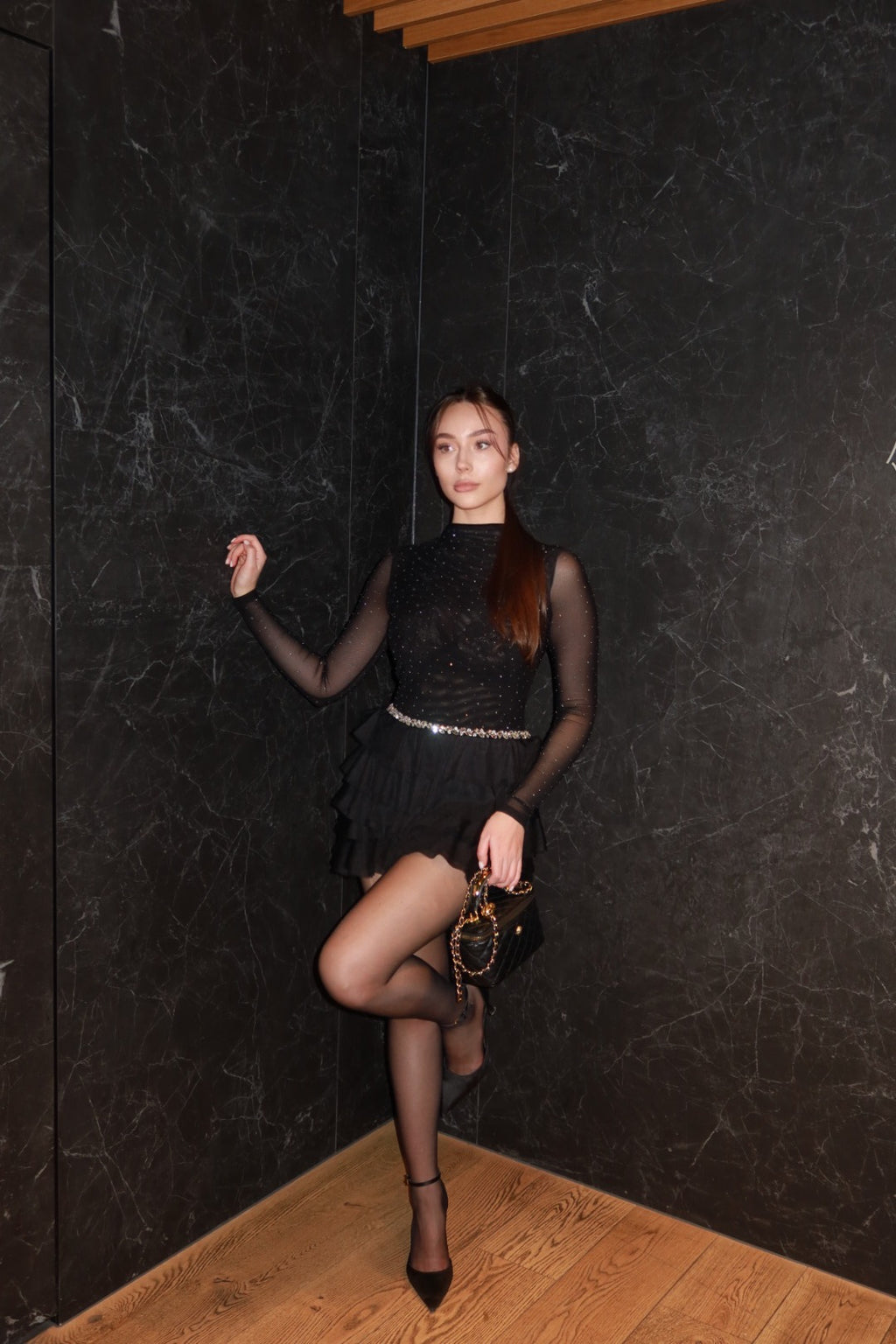 Kerta Classic Contour Crystal Ruffle Mesh Mini Dress	