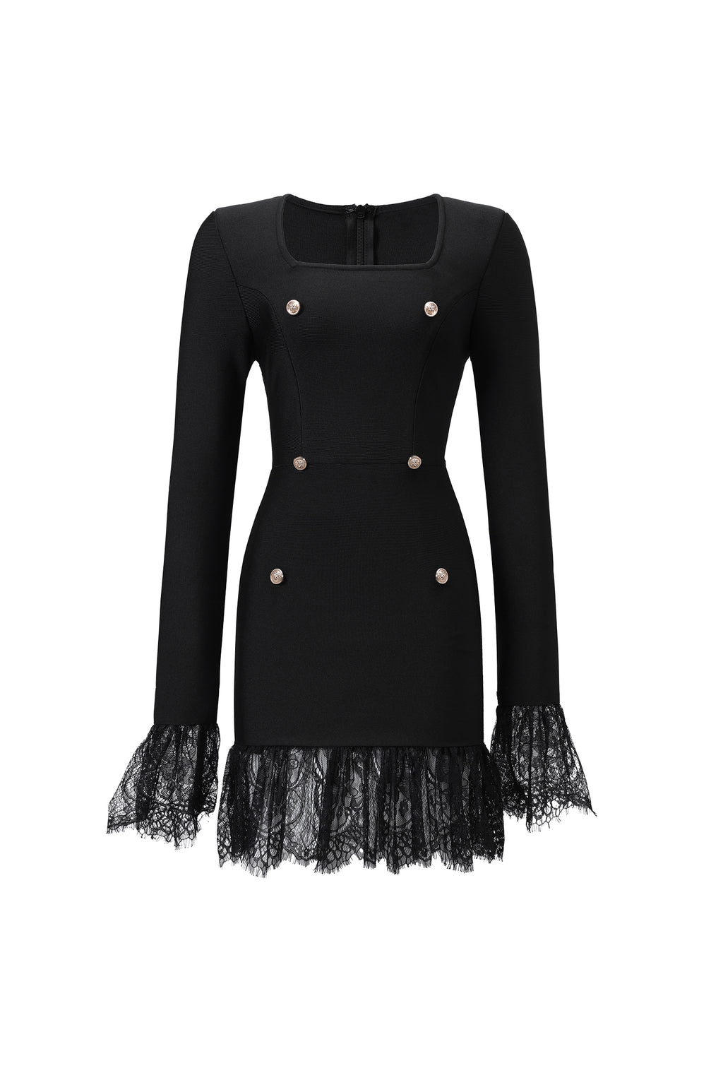 Sydney Classic Contour Long Sleeve Rhinestone Button Lace Bandage Mini Dress	