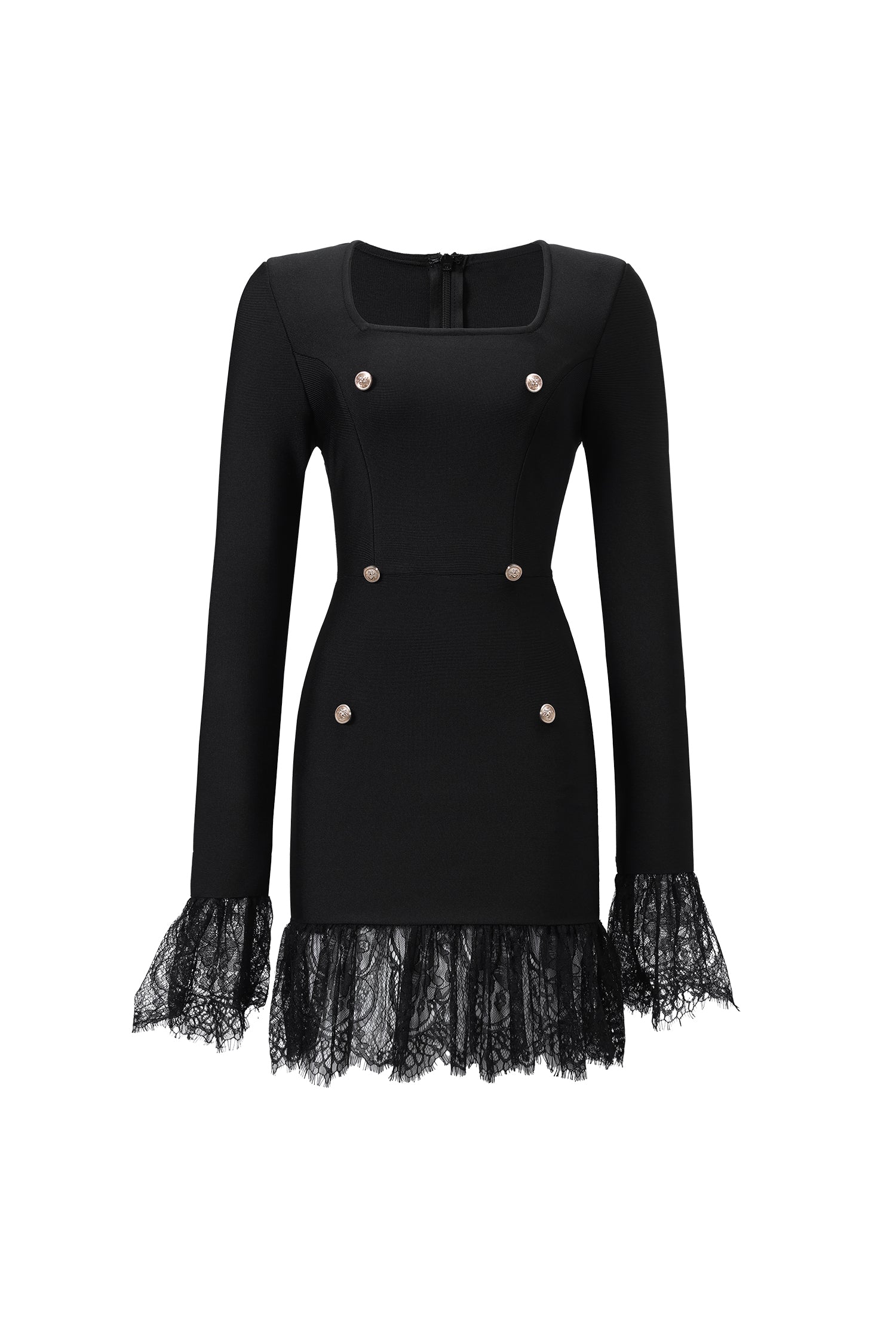 Sydney Classic Contour Long Sleeve Rhinestone Button Lace Bandage Mini Dress	