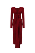 Dixie Sexy Contour Long Sleeve Deep V Ruched Knit Maxi Dress