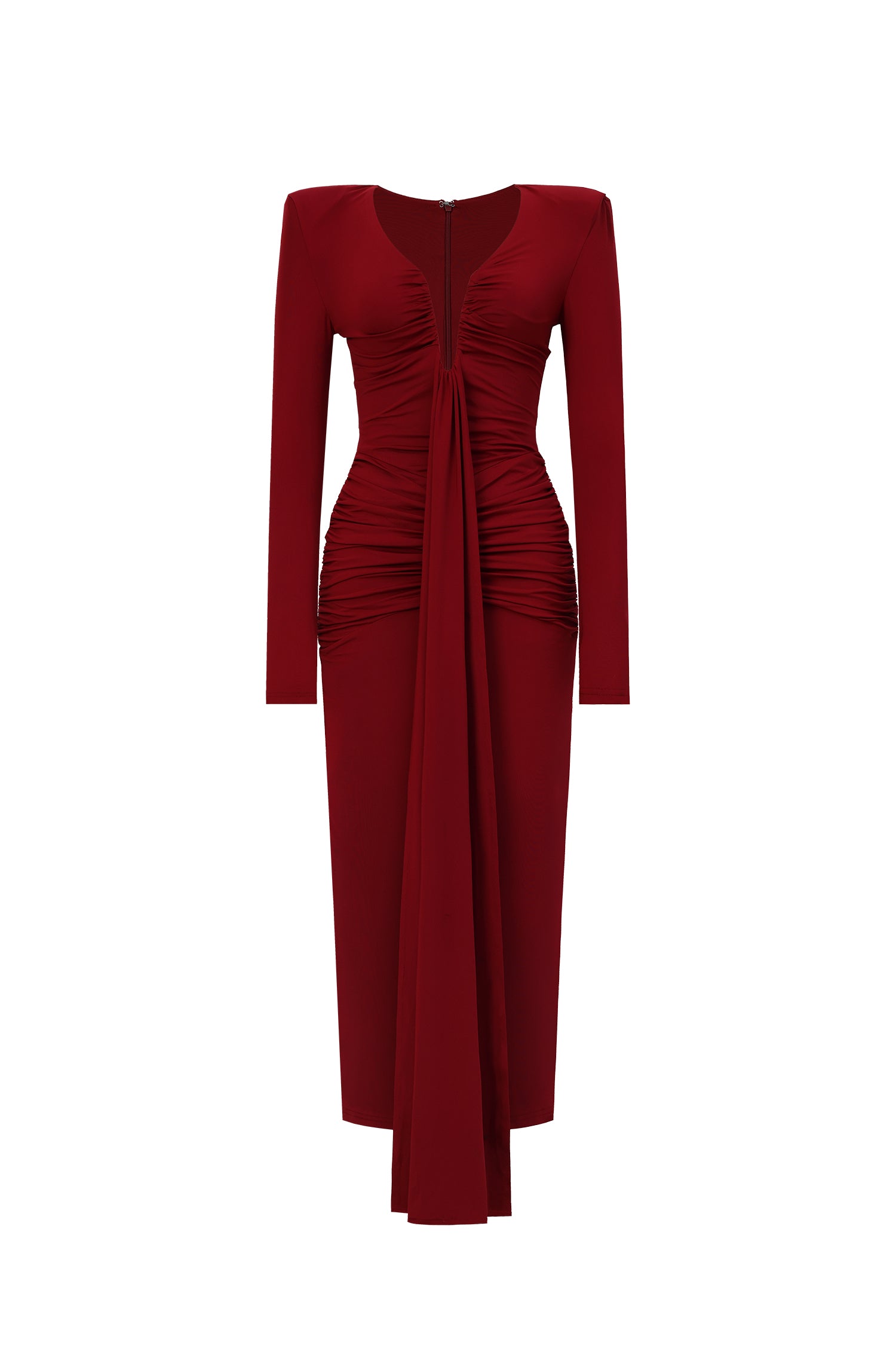 Dixie Sexy Contour Long Sleeve Deep V Ruched Knit Maxi Dress