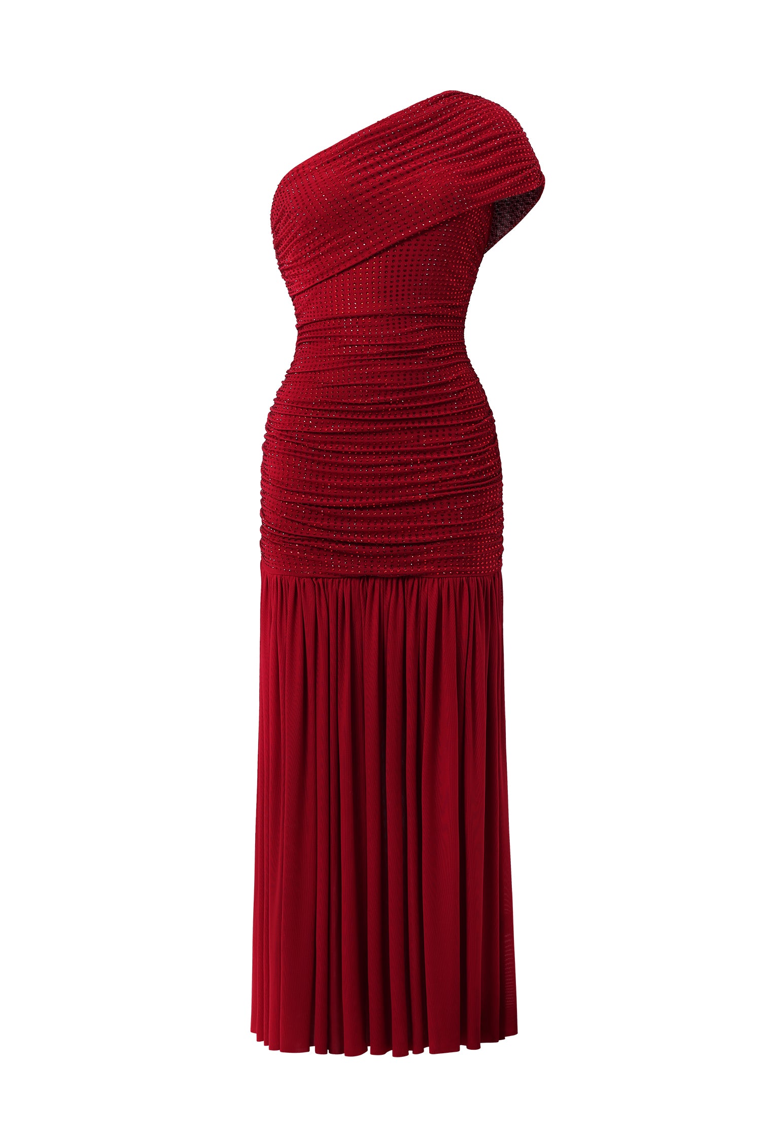 Naida Elegant Contour One Shoulder Ruched Crystal Maxi Dress	