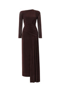 Skyler Elegant Contour Long Sleeve Ruched High Slit Knit Brown Maxi Dress	
