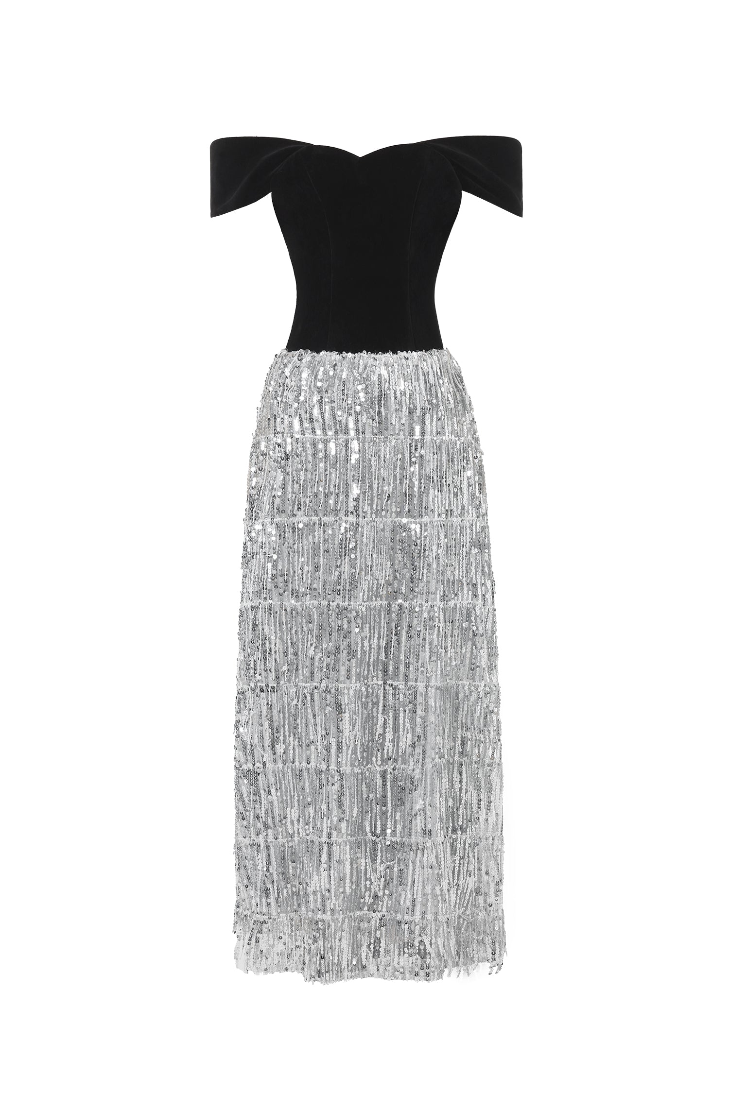Merrit Glamorous Contour Off Shoulder Fringe Velvet Maxi Dress	