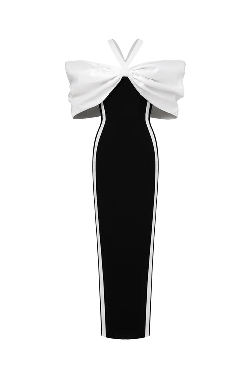 Elegant Contour Halter Bow Contrast Bandage Maxi Dress	