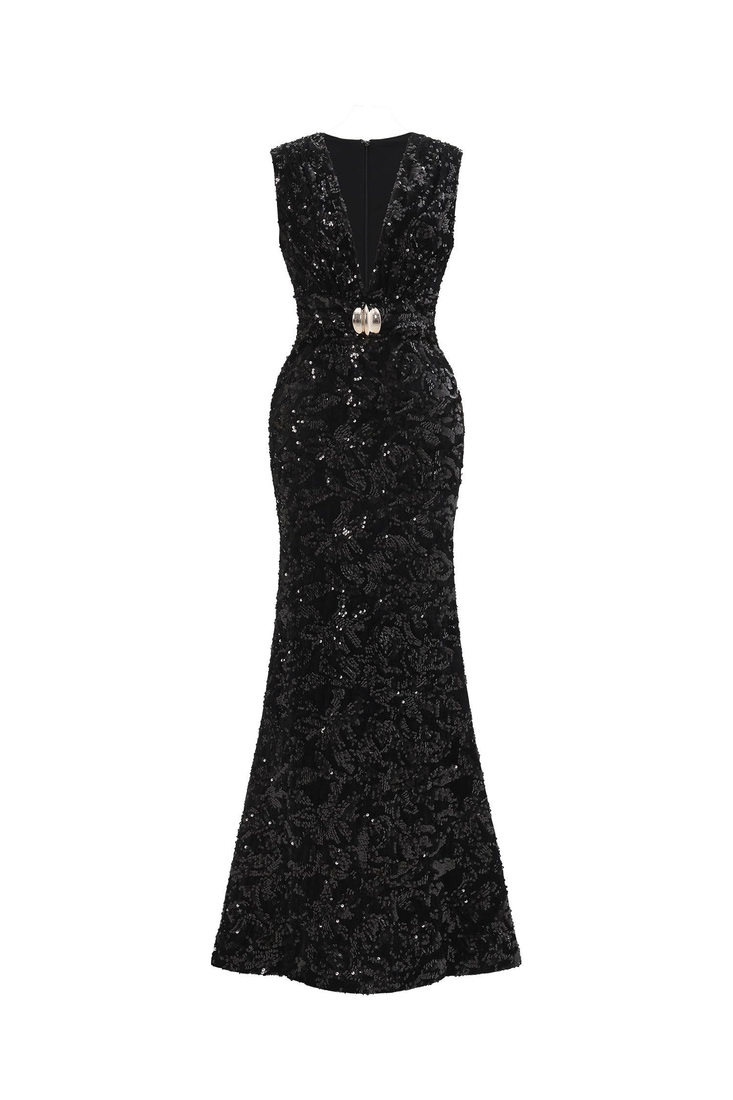 Chic Contour Sleeveless Deep V Metal Buckle Sequin Velvet Maxi Dress	