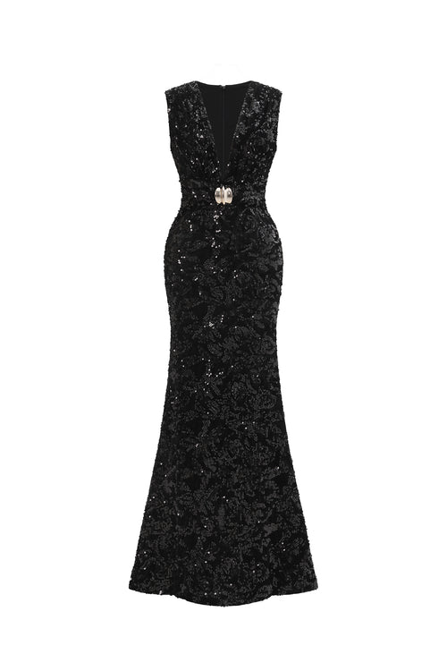 Chic Contour Sleeveless Deep V Metal Buckle Sequin Velvet Maxi Dress	