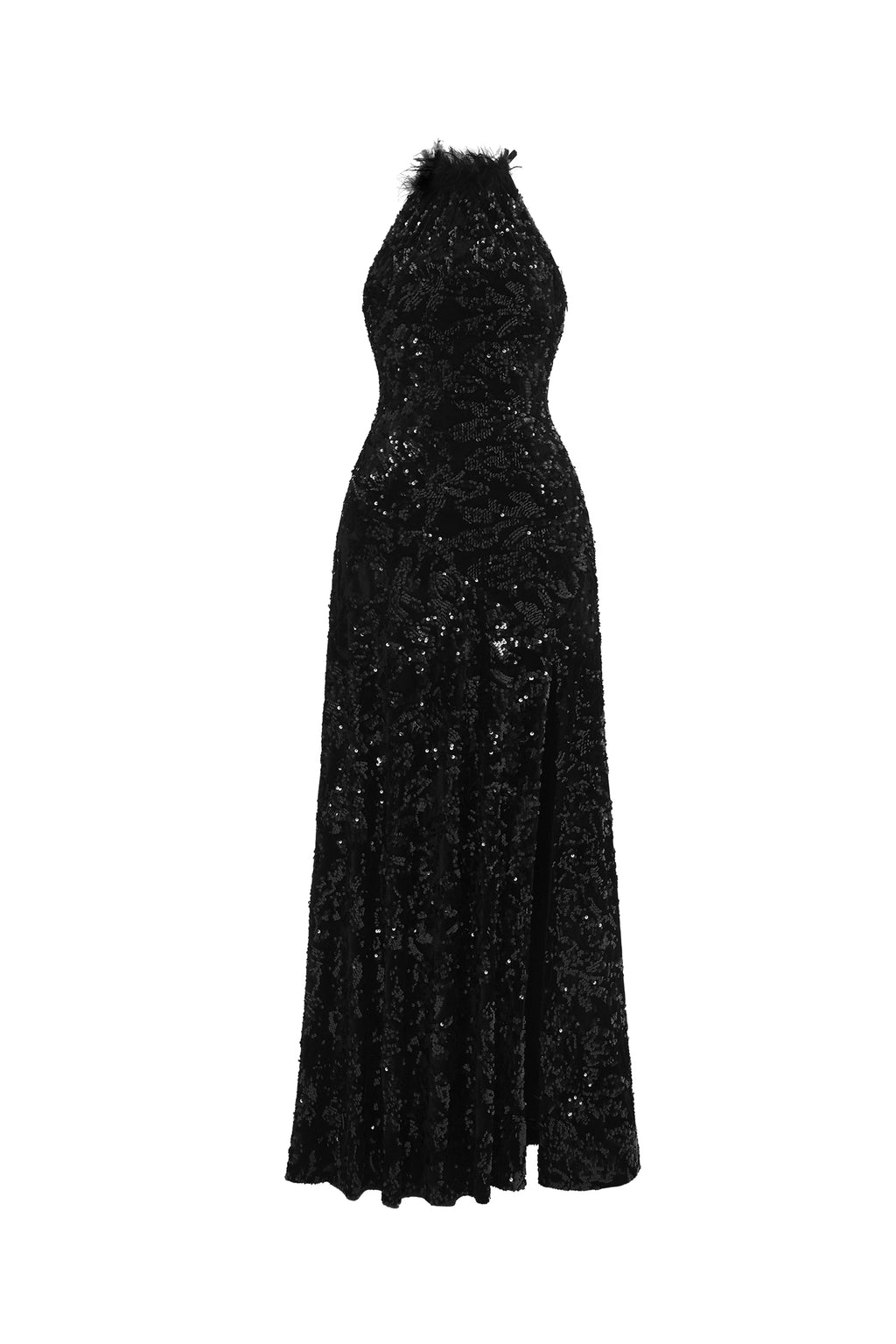 Glamorous Contour Sleeveless Feather Sequin High Slit Velvet Maxi Dress	