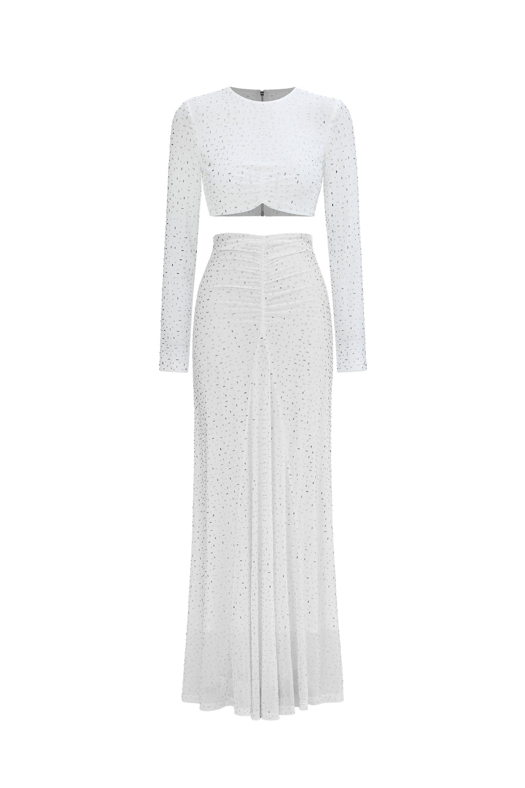 Elva Chic Contour Long Sleeve Ruched Crystal Top and Skirt Set	