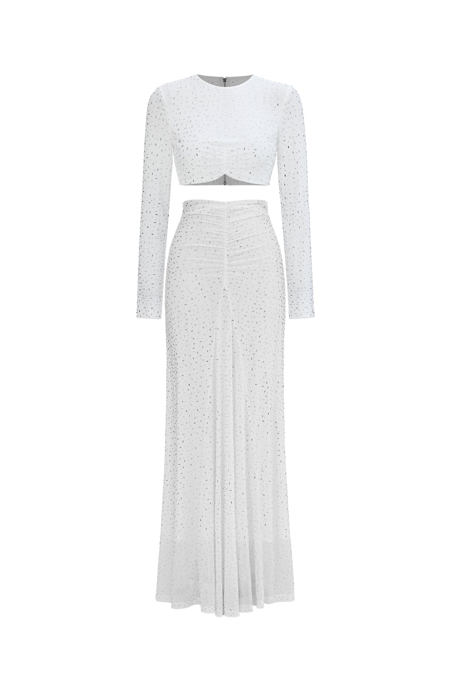 Elva Chic Contour Long Sleeve Ruched Crystal Top and Skirt Set	