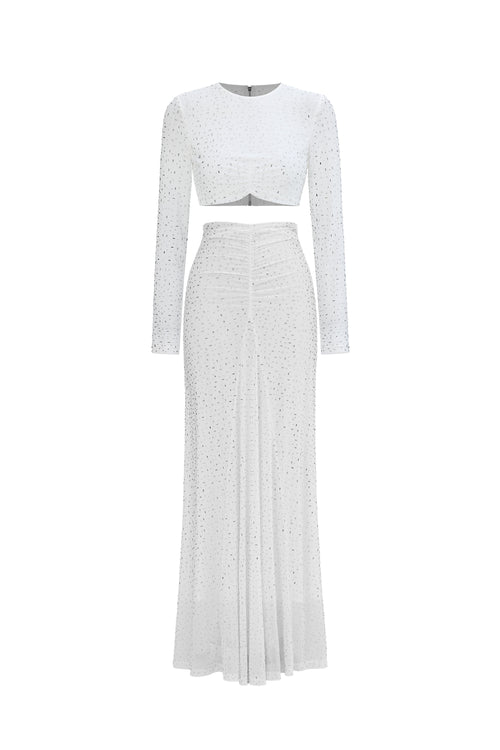 Elva Chic Contour Long Sleeve Ruched Crystal Top and Skirt Set	