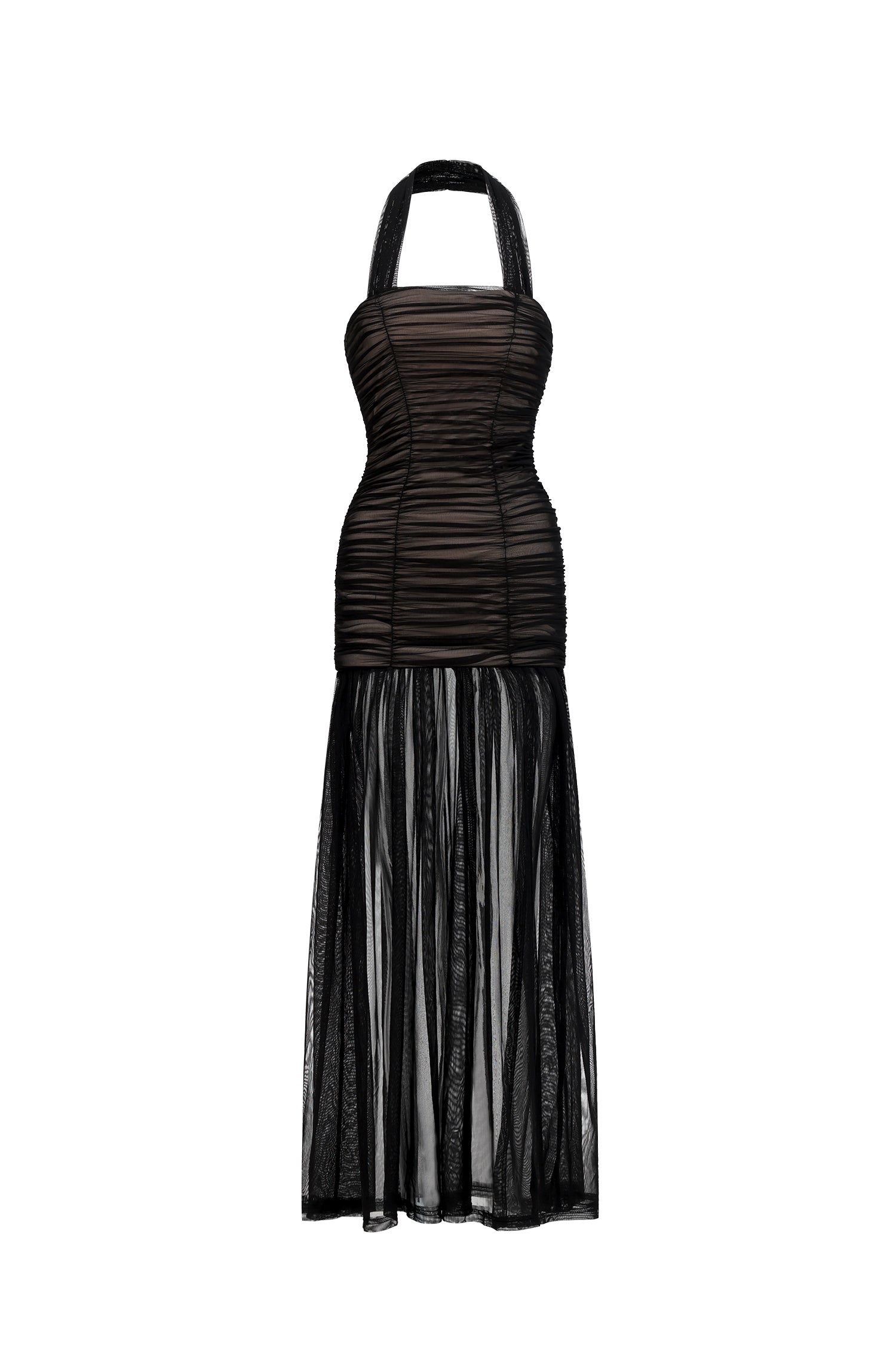 Izara Chic Contour Halter Ruched Tulle Maxi Dress	