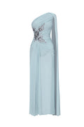 Kaylee Elegant Flowy One Shoulder Sequin Embroidered Ruched Mesh Maxi Dress	