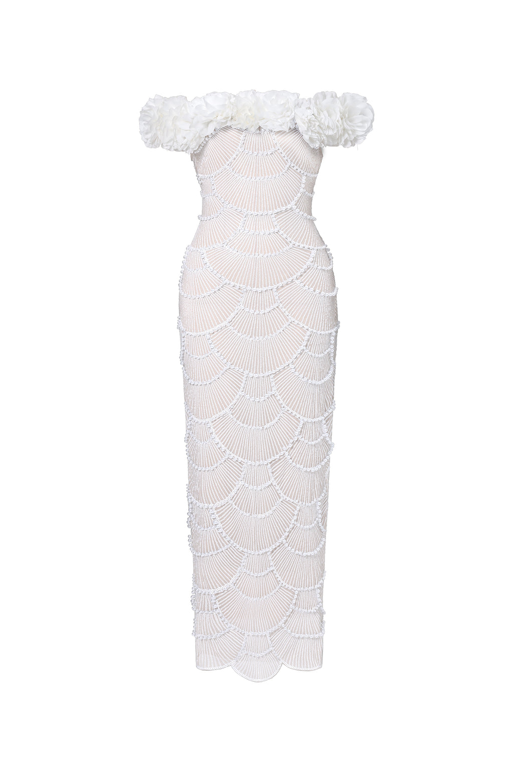 Neela Romantic Contour Off Shoulder Pearl Floral Maxi Dress	