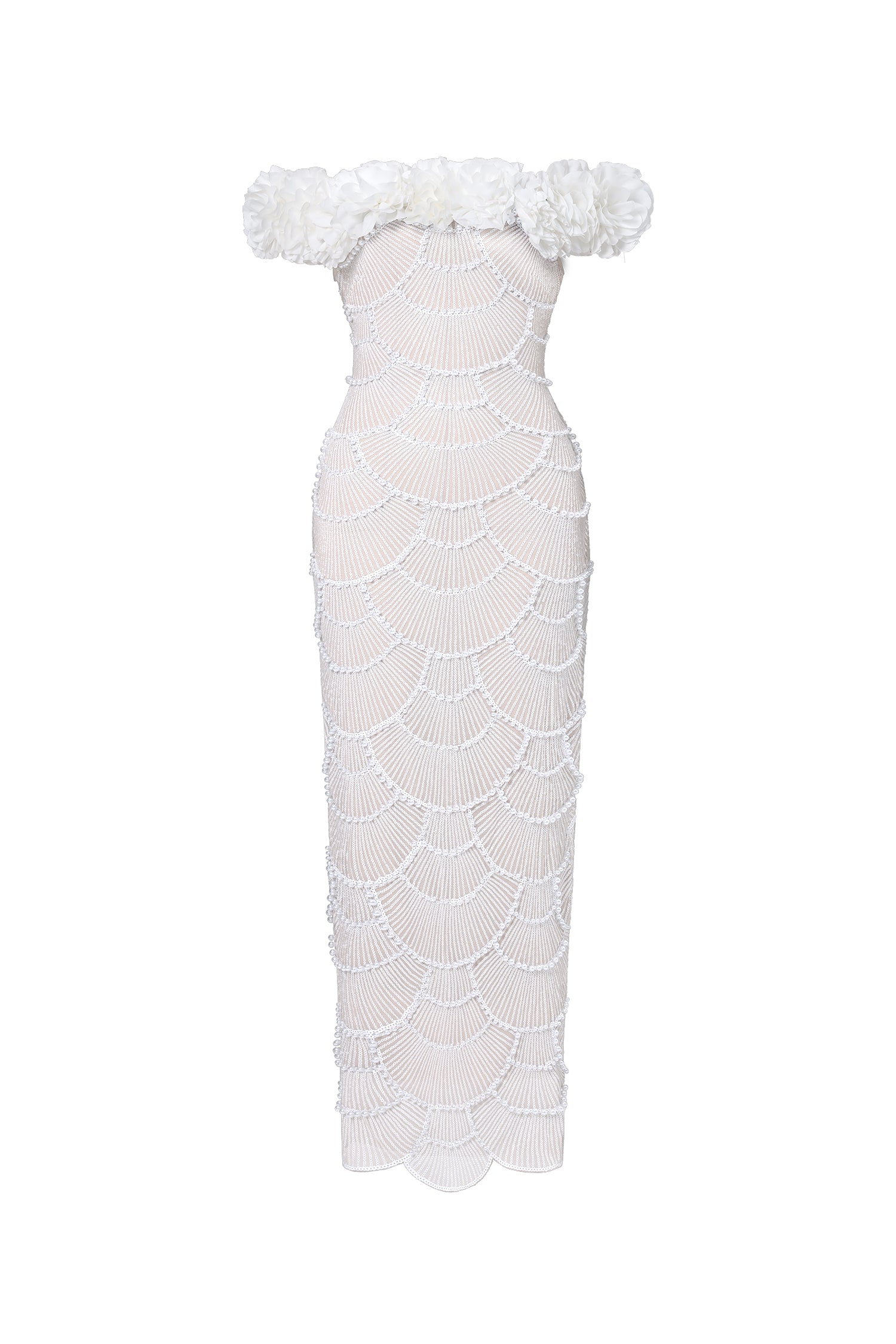 Neela Romantic Contour Off Shoulder Pearl Floral Maxi Dress	