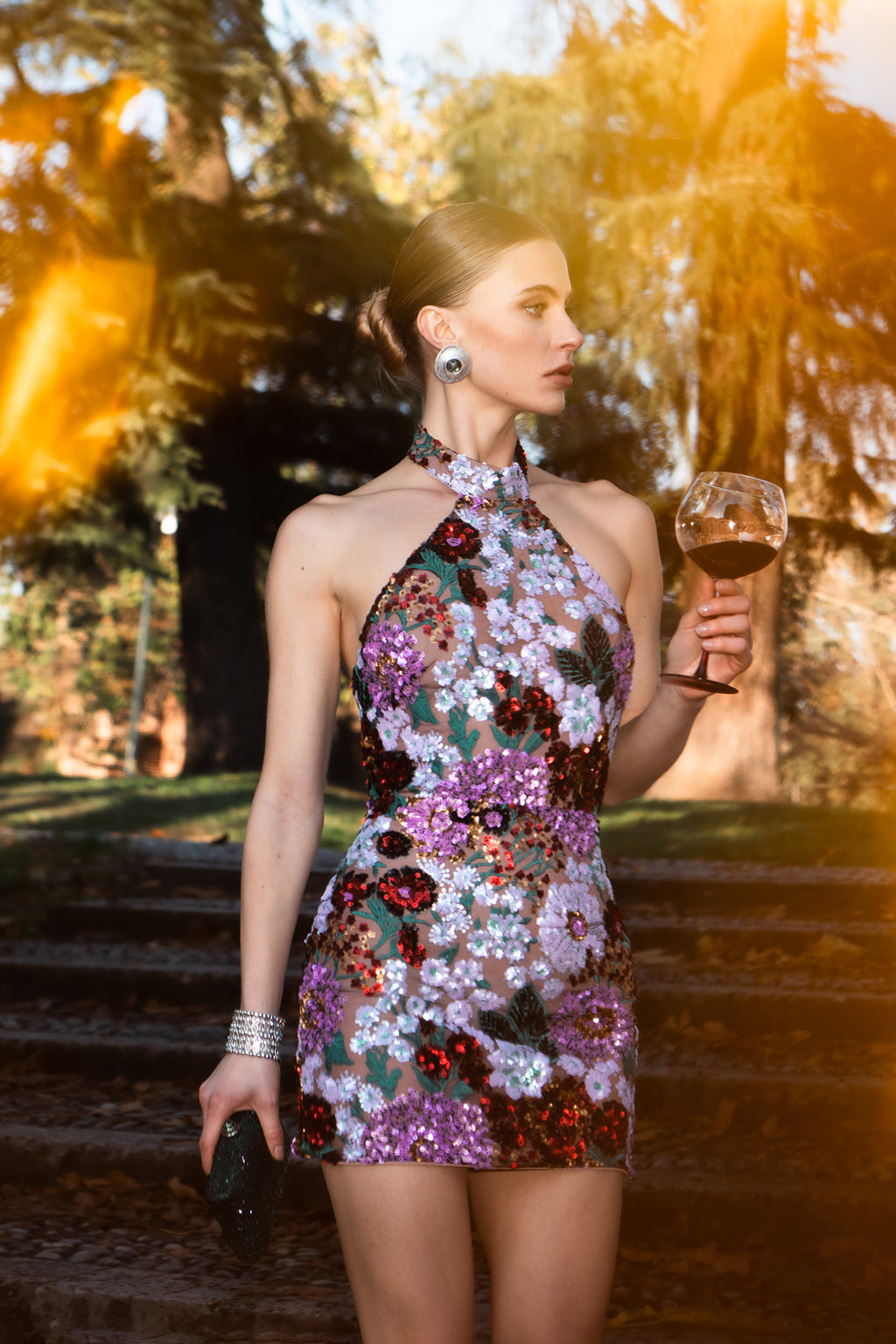 Polasa Halter Sleeveless Sequins Flower Mini Dress	