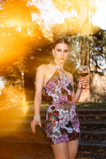 Polasa Halter Sleeveless Sequins Flower Mini Dress	