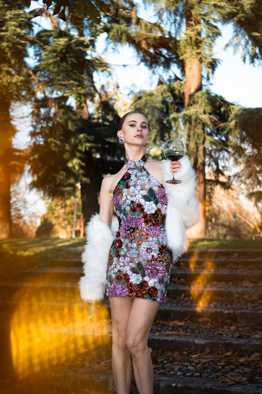 Polasa Halter Sleeveless Sequins Flower Mini Dress	