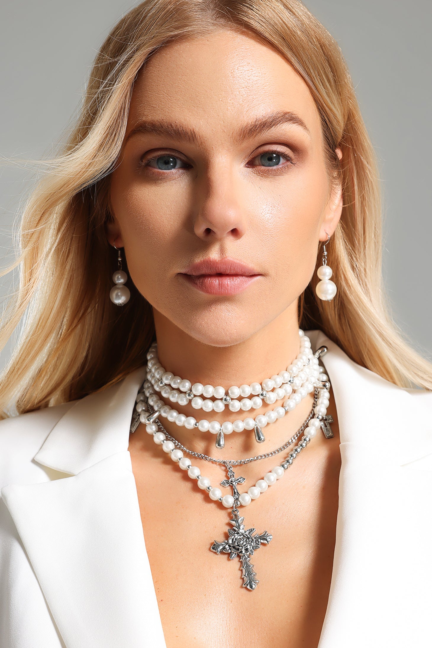 Julia Triple Pearls Cross Necklace	