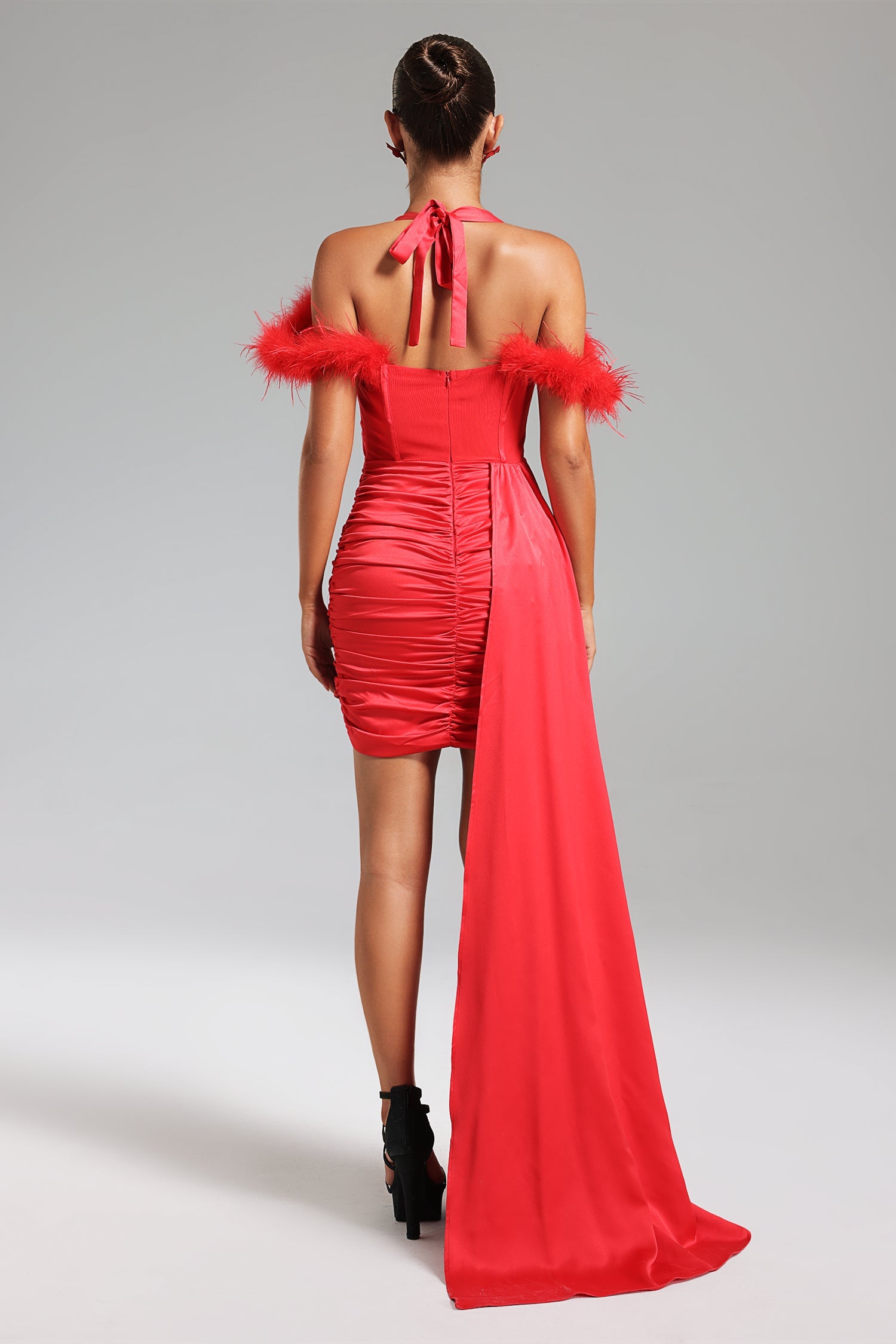 Lala Halterneck Feather Satin Mini Dress - Red	
