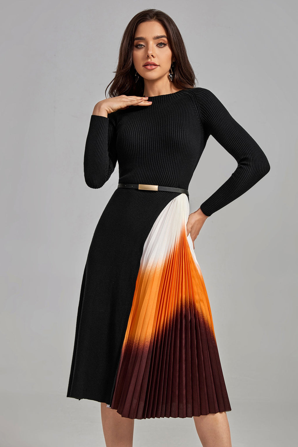 Reese Gradient Patchwork Pleated Midi Dress	