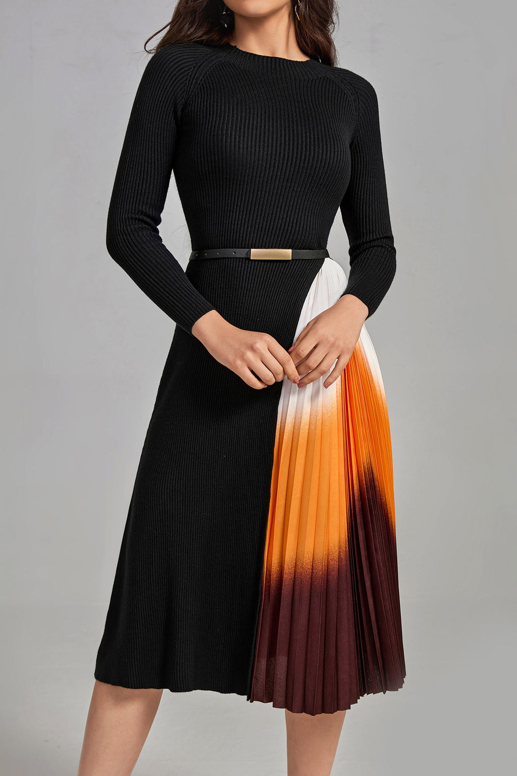 Reese Gradient Patchwork Pleated Midi Dress	