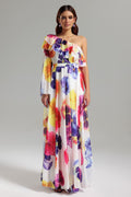 Salina One Sleeve Printed Mesh Maxi Dress	