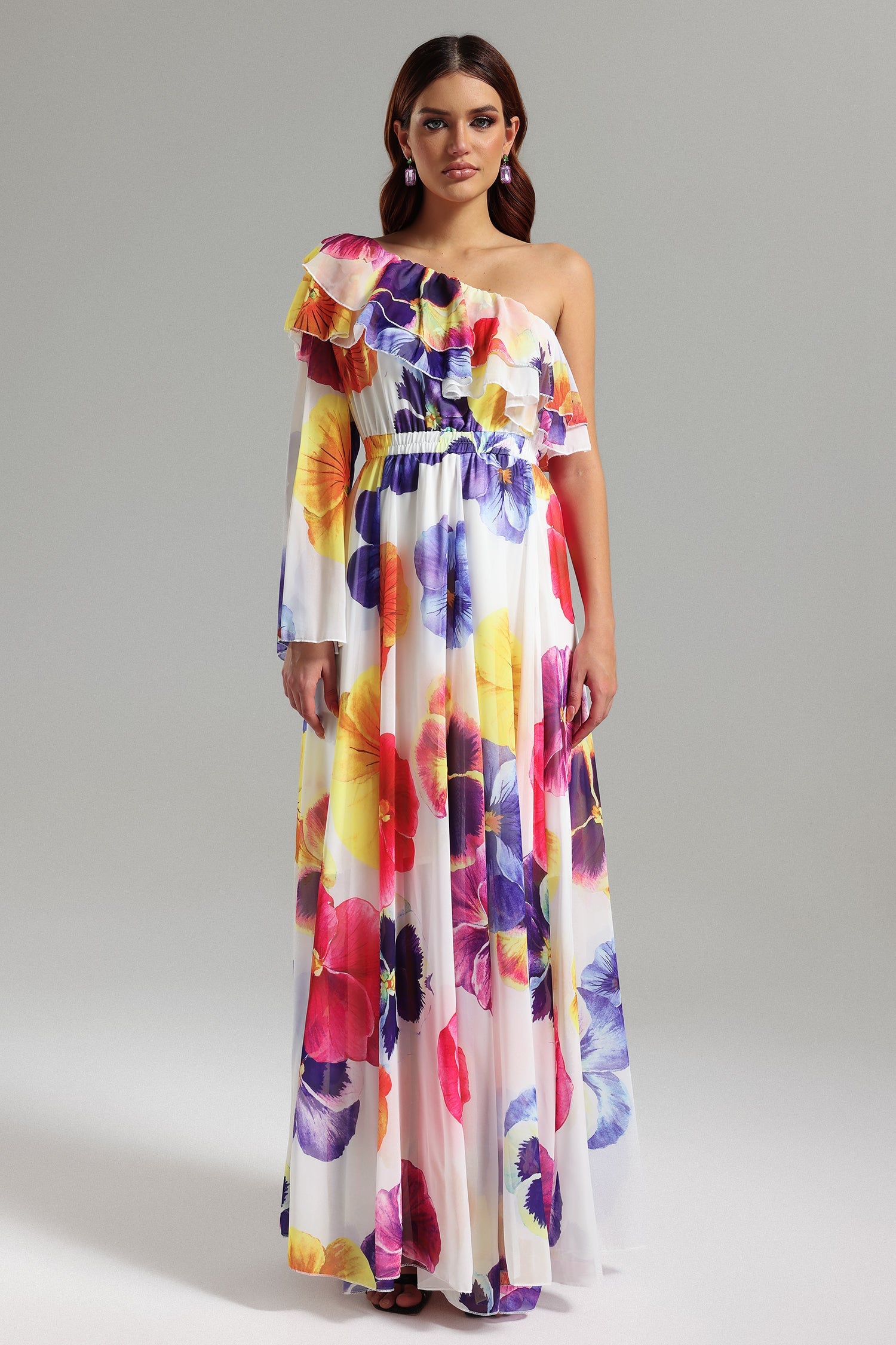Salina One Sleeve Printed Mesh Maxi Dress	
