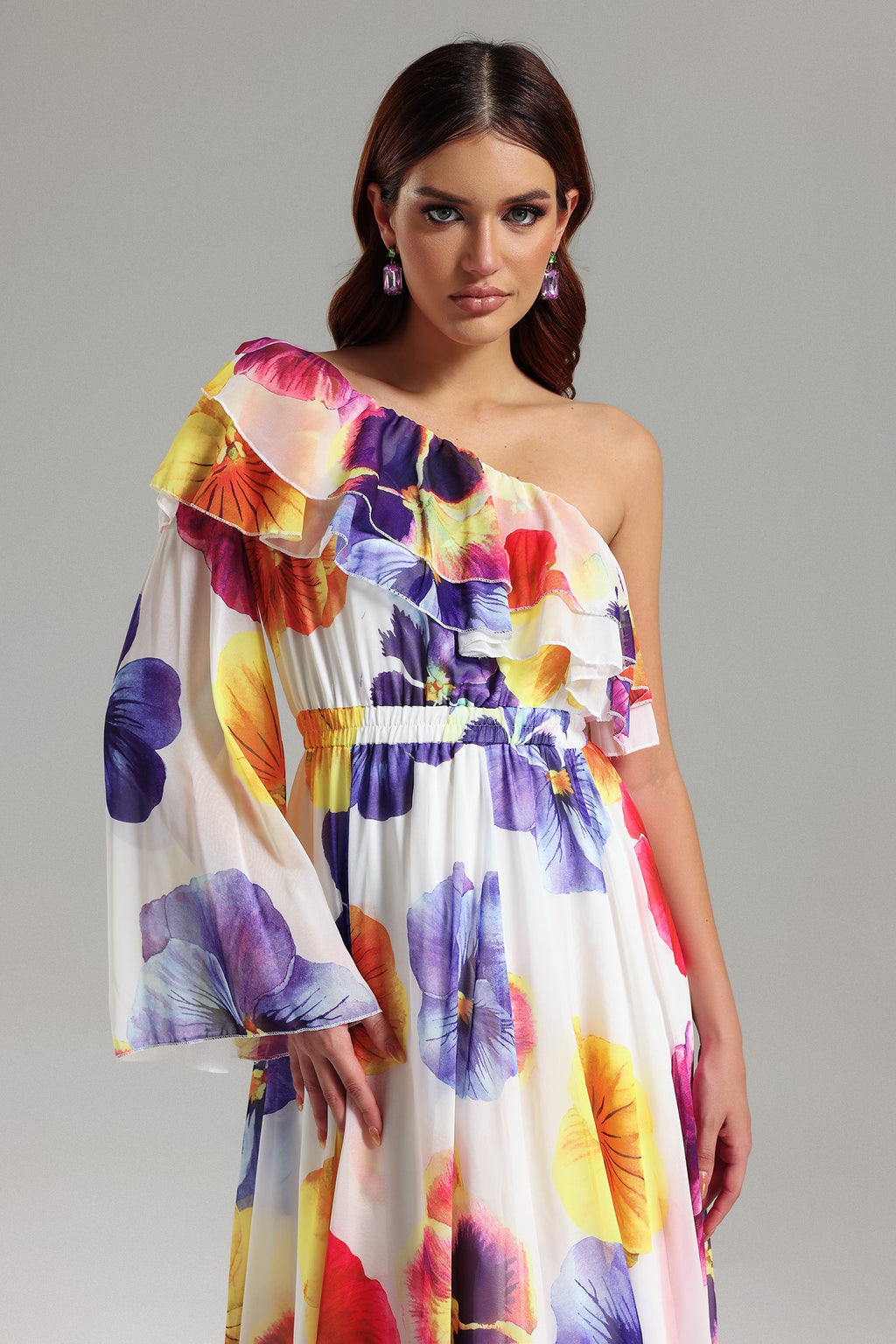 Salina One Sleeve Printed Mesh Maxi Dress	