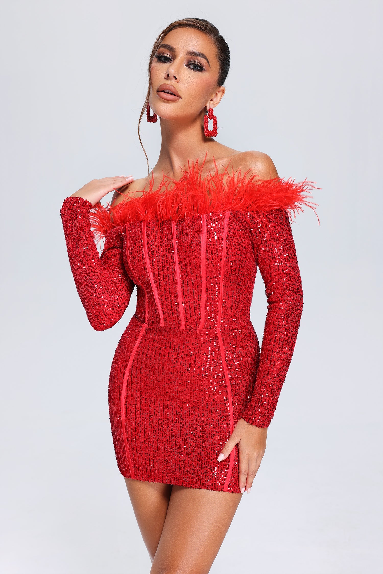 Wooh Feather Sequin Mini Dress - Red	