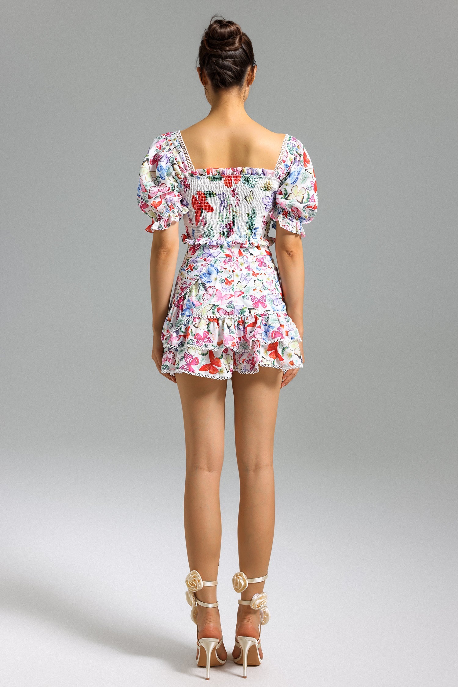 Zalea Puff Sleeves Printed Set - White	