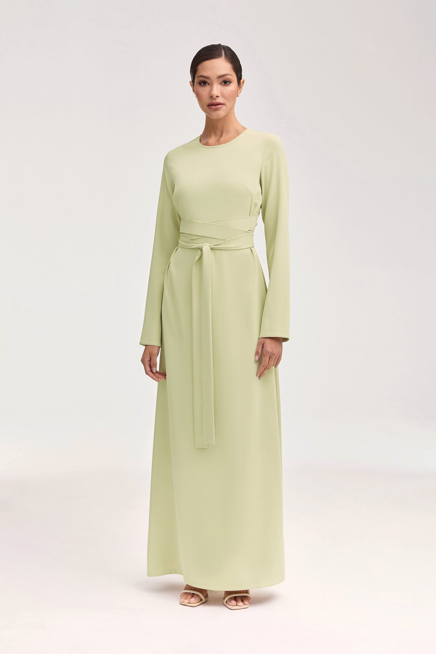 Asalah Wrap Waist Maxi Dress & Abaya Set - Pistachio